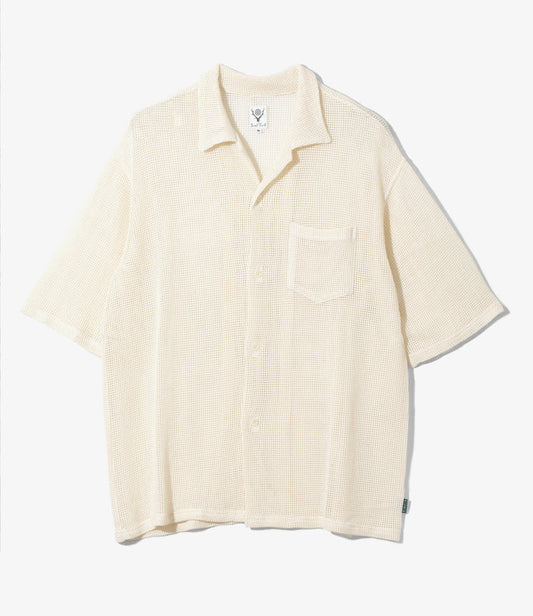 Women's S/S Open Collar Shirt - White - Cotton Mesh