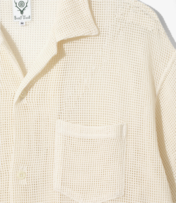 Women's S/S Open Collar Shirt - White - Cotton Mesh