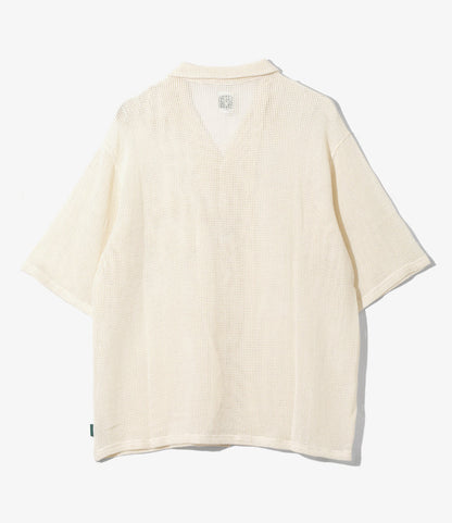 Women's S/S Open Collar Shirt - White - Cotton Mesh