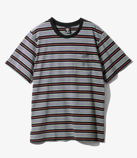 Women's S/S Round Pocket Tee - Black - Cotton Multi Wide Stripe Jersey