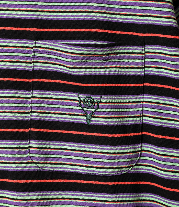 Women's S/S Round Pocket Tee - Black - Cotton Multi Wide Stripe Jersey