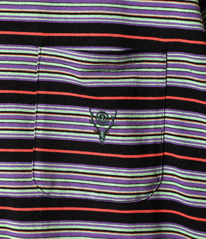Women's S/S Round Pocket Tee - Black - Cotton Multi Wide Stripe Jersey