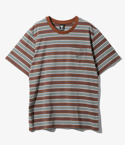 Women's S/S Round Pocket Tee - Brown - Cotton Multi Wide Stripe Jersey