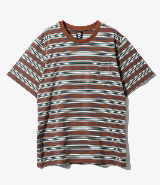 Women's S/S Round Pocket Tee - Brown - Cotton Multi Wide Stripe Jersey