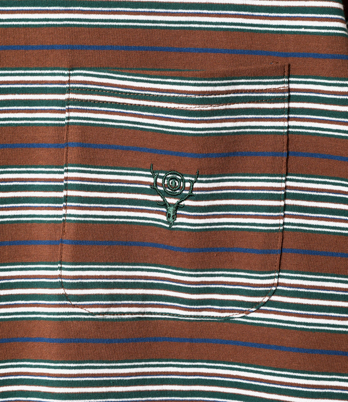 Women's S/S Round Pocket Tee - Brown - Cotton Multi Wide Stripe Jersey