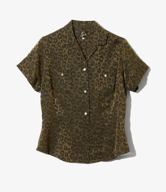 Women's S/S Western Blouse - Gold - Rayon Leopard Jacquard