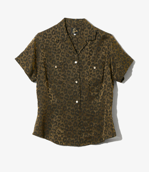 Women's S/S Western Blouse - Gold - Rayon Leopard Jacquard