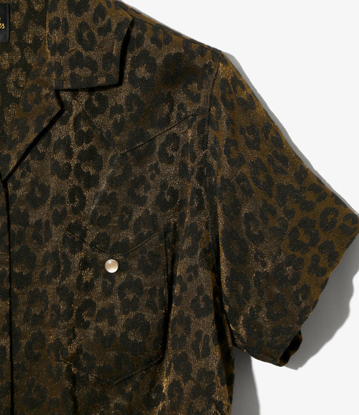 Women's S/S Western Blouse - Gold - Rayon Leopard Jacquard