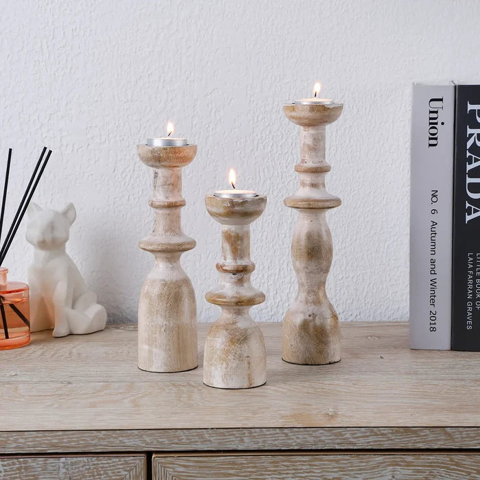 wooden pillar candle holders set of 3 antique white decor