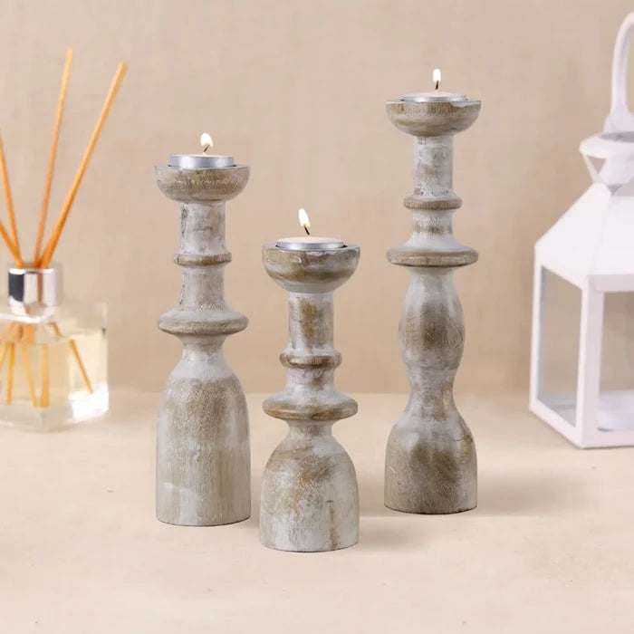 wooden pillar candle holders set of 3 antique white decor