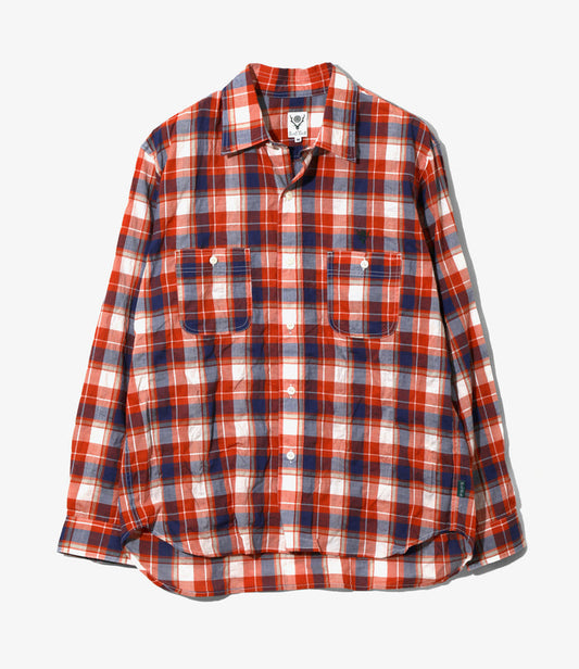 Work Shirt - Orange - Cotton Lawn Shirring / Plaid
