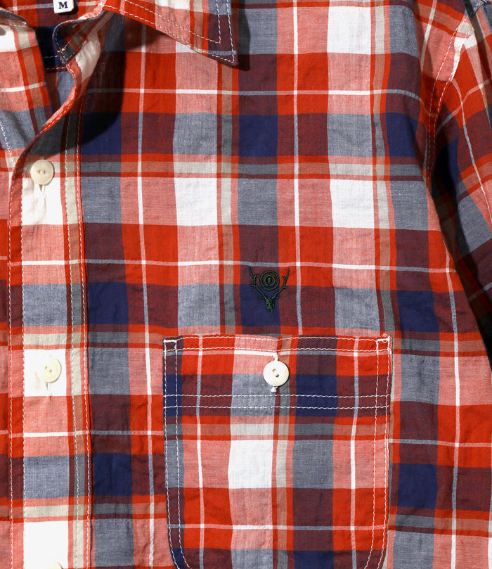 Work Shirt - Orange - Cotton Lawn Shirring / Plaid