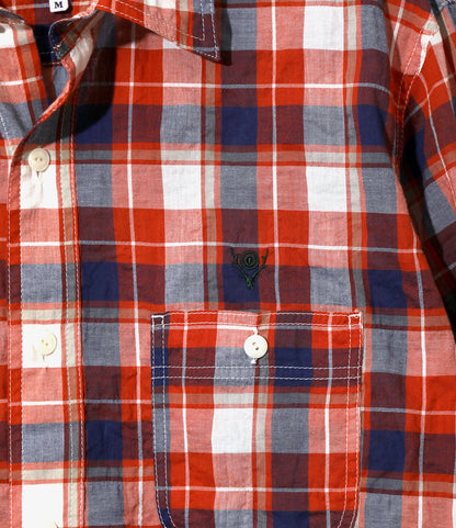 Work Shirt - Orange - Cotton Lawn Shirring / Plaid